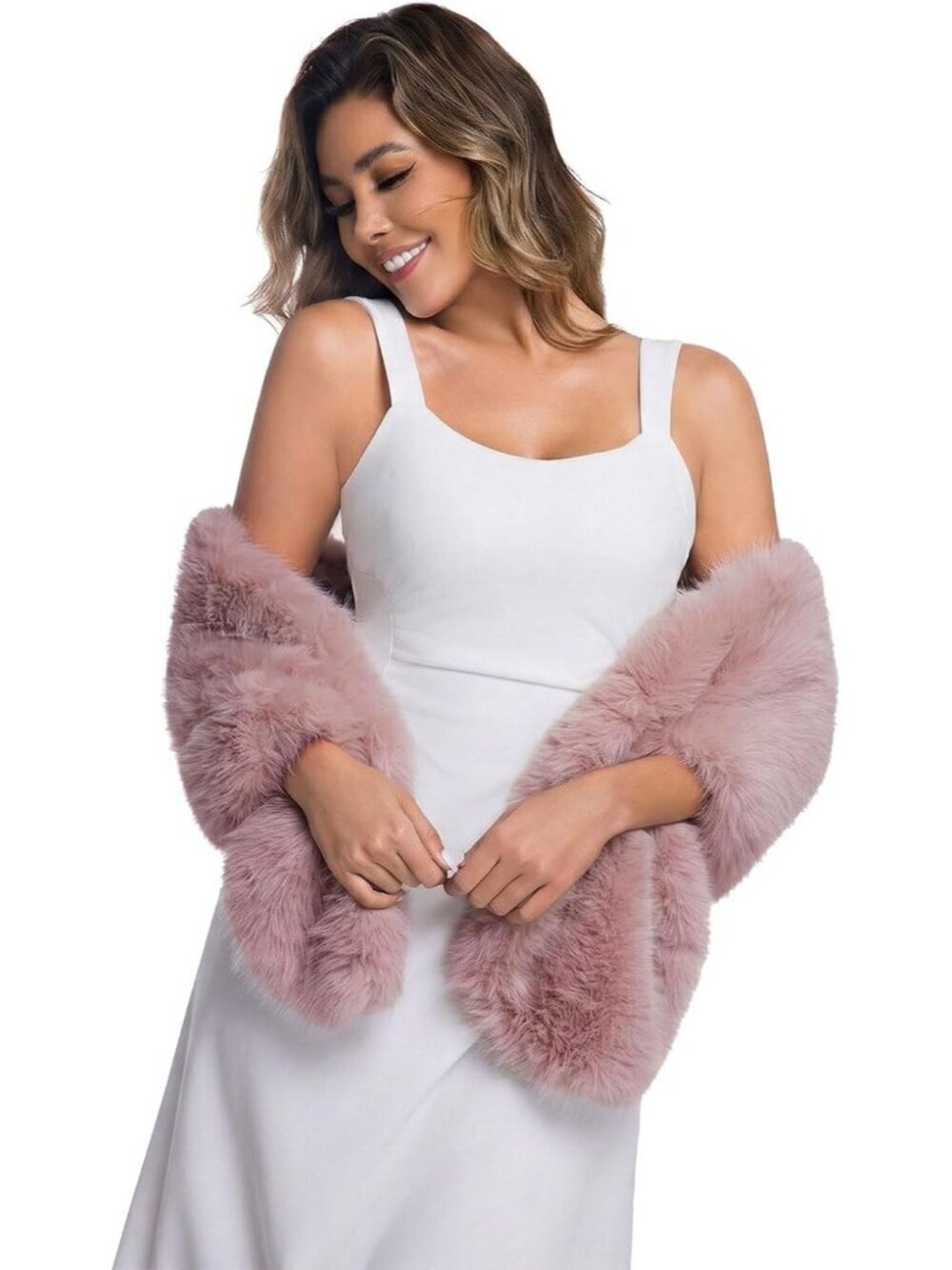 Women's Pink Faux Fur Shawl Synthetic Stylish Collar Wrap Stole Shawl